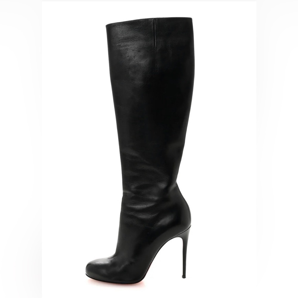 Christian Louboutin Black Calf Leather Knee High Boots Red Sole Stiletto Luxury